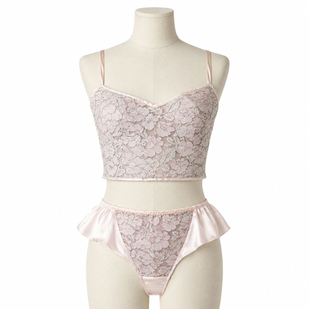 Vintage Victoria’s Secret Gold Label Pink Satin Floral Lace Lingerie Set Small